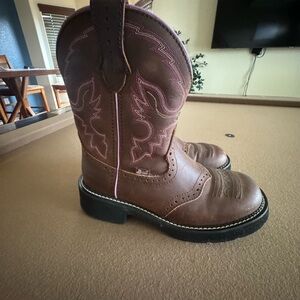 Justin Boots Brown and Pink Heeled Boots with Western Stitching
